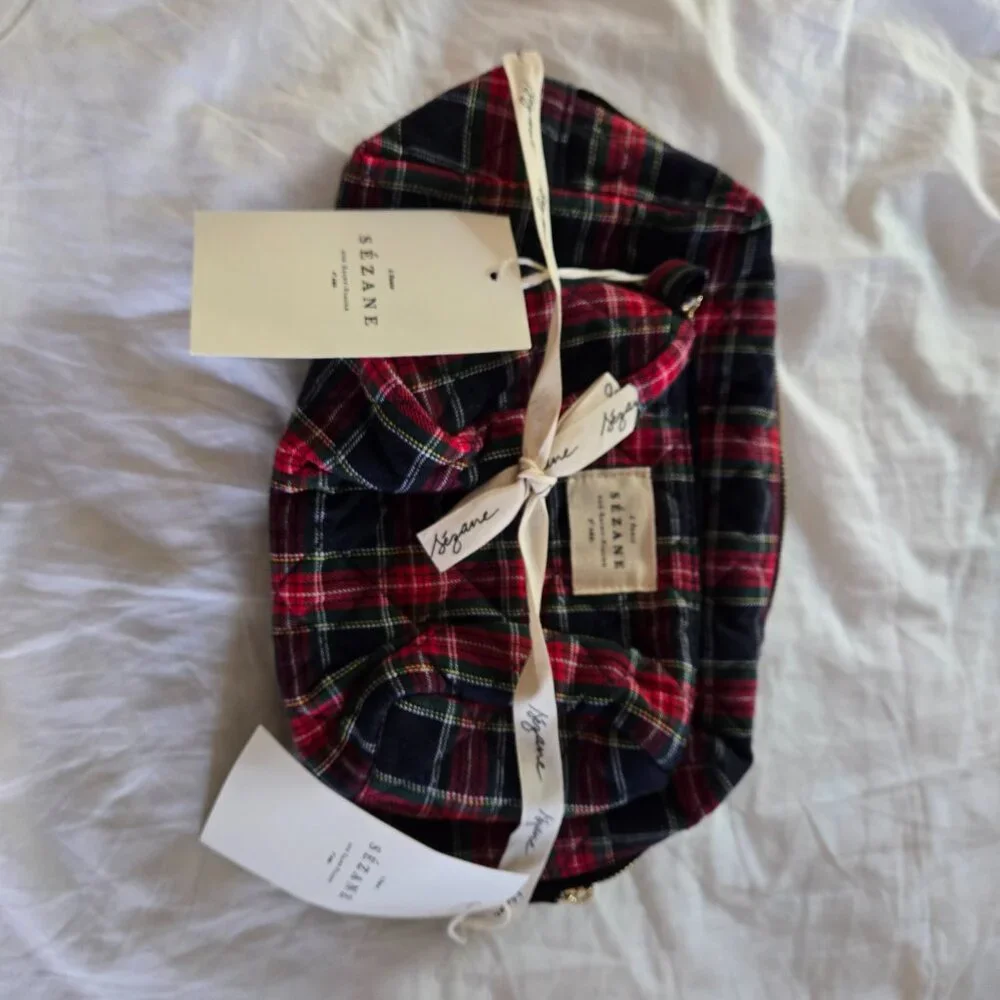 NWT Sezane quilted Toiletry Bag - red and blue tartan print- holiday theme